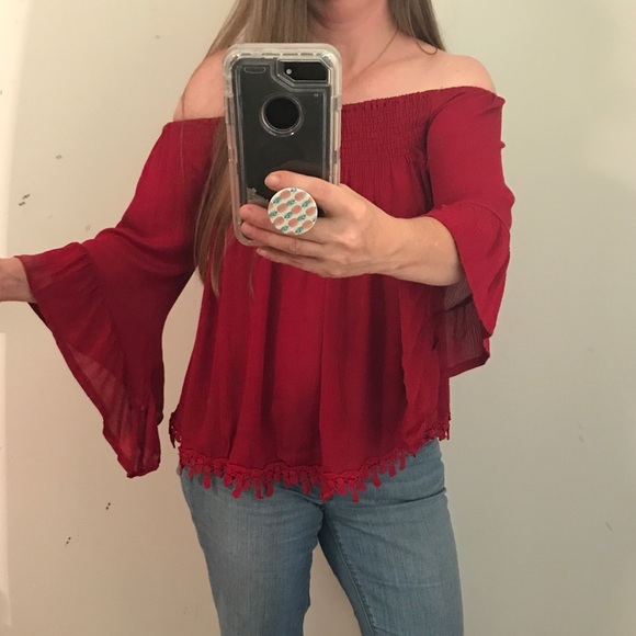 Bohemian off shoulder red chiffon blouse top - Picture 4 of 5